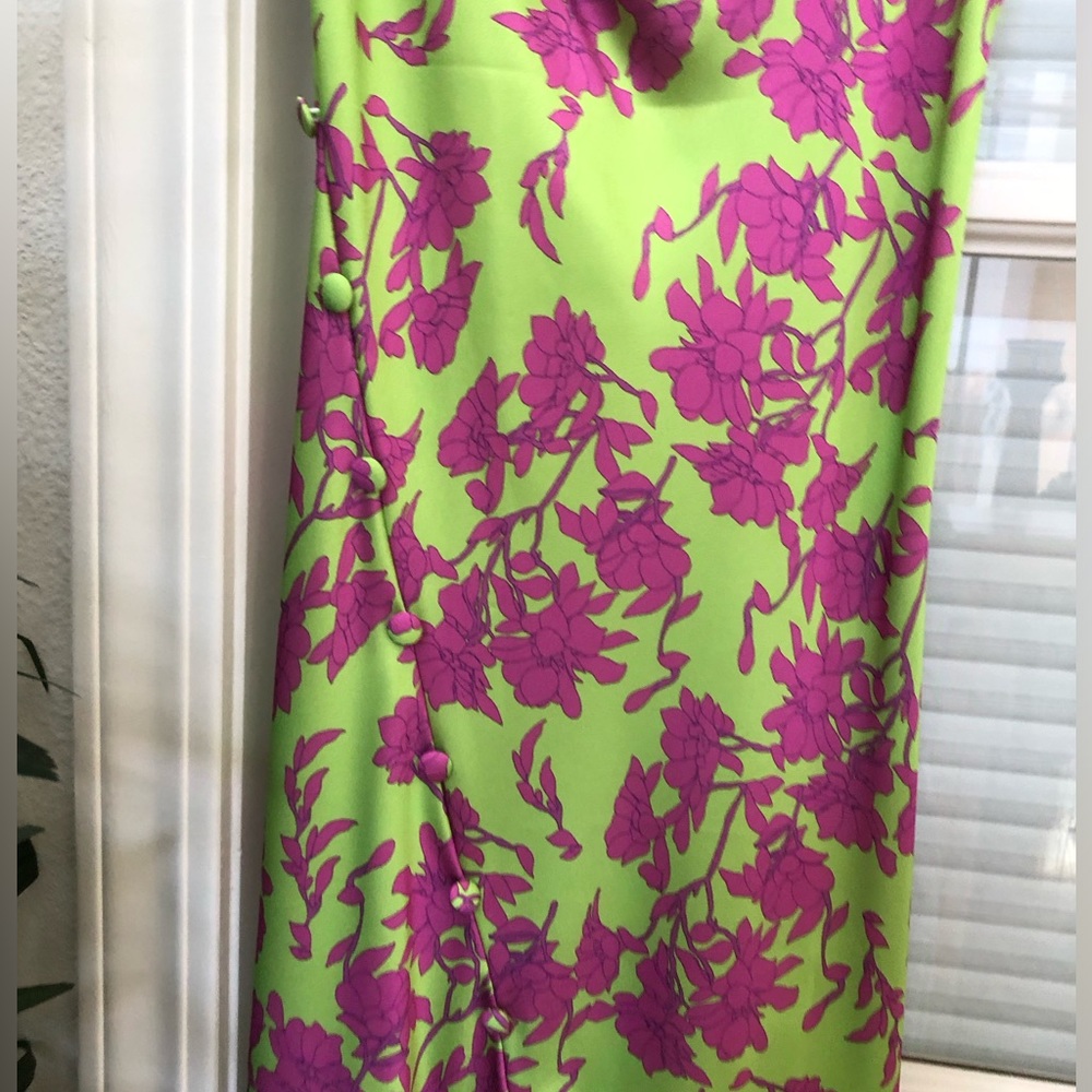 πΊπΈ Vanessa Scott Apple-Green and Frusia-Pink Draped-Neck Strap Long Dress. - Picture 8 of 16